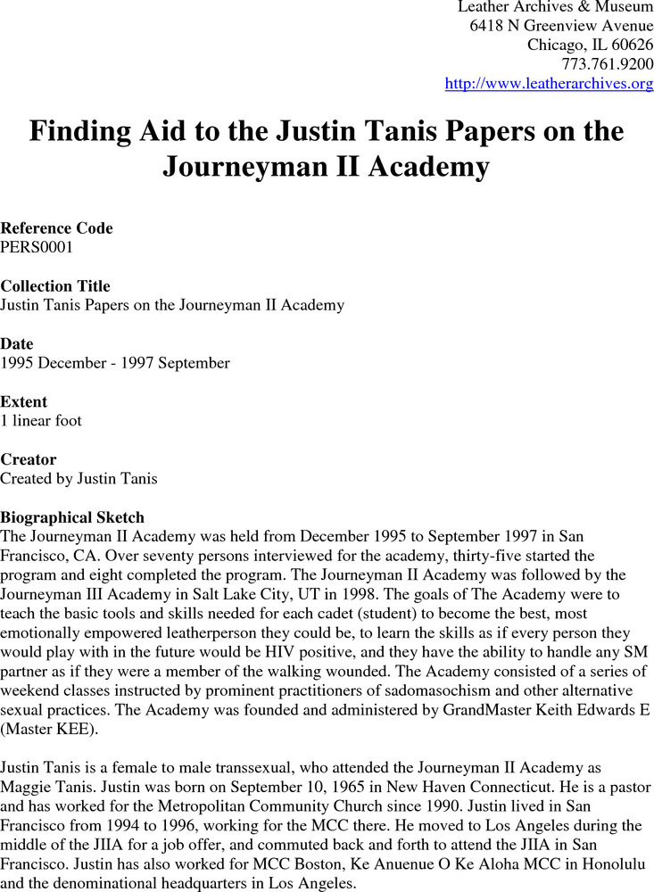 Download the full-sized PDF of Finding Aid to the Justin Tanis Papers on the Journeyman II Academy
