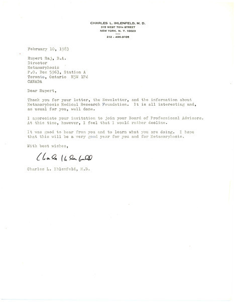 Download the full-sized image of Letter from Charles Ihlenfeld to Rupert Raj (February 10, 1983)