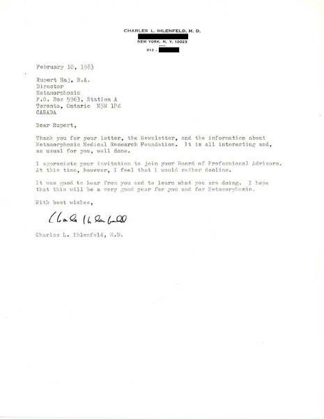 Download the full-sized image of Letter from Charles Ihlenfeld to Rupert Raj (February 10, 1983)