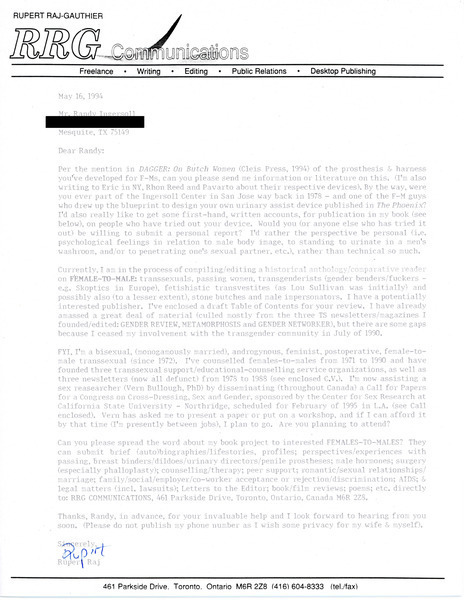 Download the full-sized image of Letter from Rupert Raj to Randy Ingersoll (May 16, 1994)