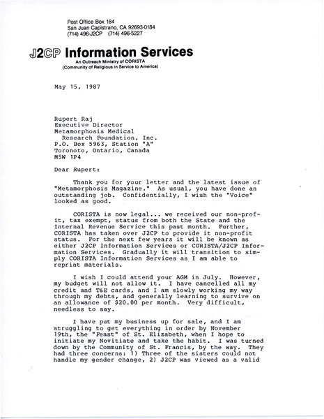 Download the full-sized image of Letter from Johanna M. Clark (May 15, 1987)