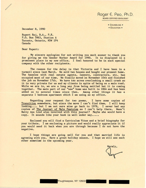Download the full-sized image of Letter from Roger E. Peo to Rupert Raj (December 8, 1990)