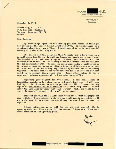 Download the full-sized image of Letter from Roger [redacted] to Rupert Raj (December 8, 1990)