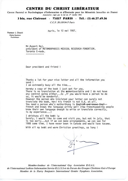 Download the full-sized image of Letter from Pastor J. Doucé to Rupert Raj  (May 12, 1987)