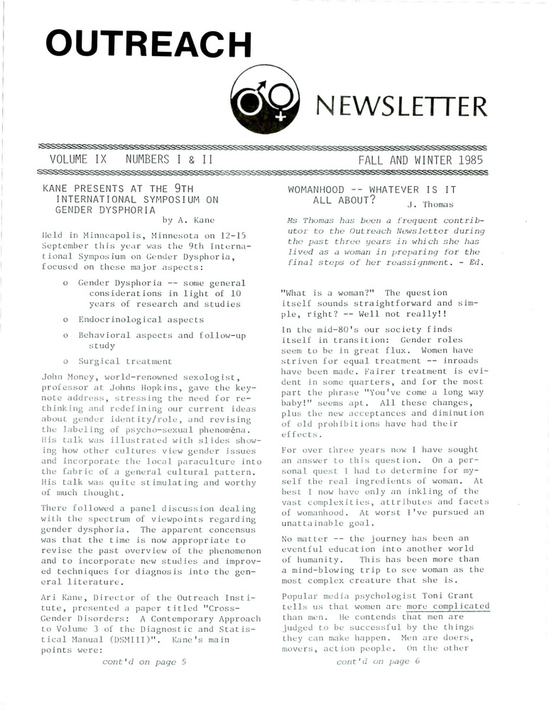 Download the full-sized PDF of Outreach Newsletter Vol. 9 Nos. 1 & 2 (Fall/Winter 1985)