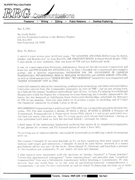 Download the full-sized image of Letter from Rupert Raj to Gayle Rubin (May 9, 1994)