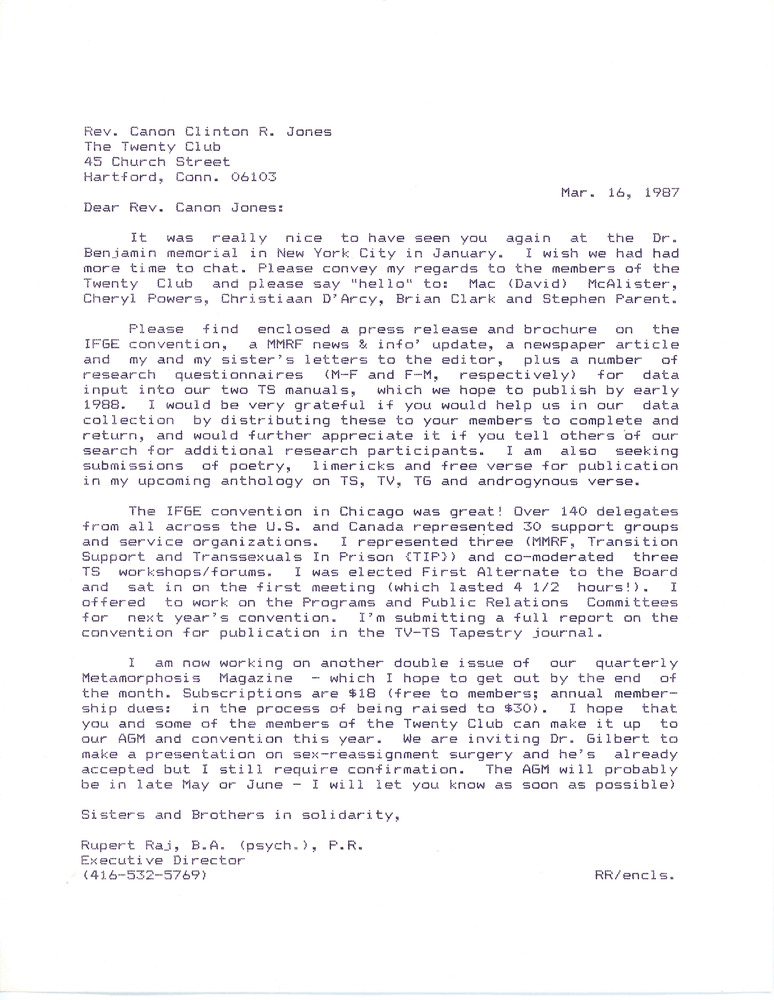 Download the full-sized PDF of Letter from Rupert Raj to Rev. Canon Jones (March 16, 1987)