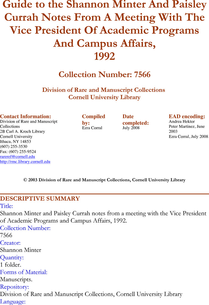 Download the full-sized PDF of Guide to the Shannon Minter And Paisley Currah Notes From A Meeting With The Vice President Of Academic Programs And Campus Affairs, 1992