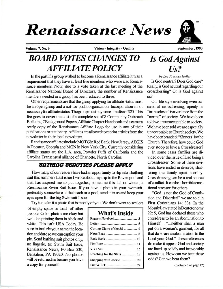 Download the full-sized PDF of Renaissance News, Vol. 7 No. 9 (September 1993)