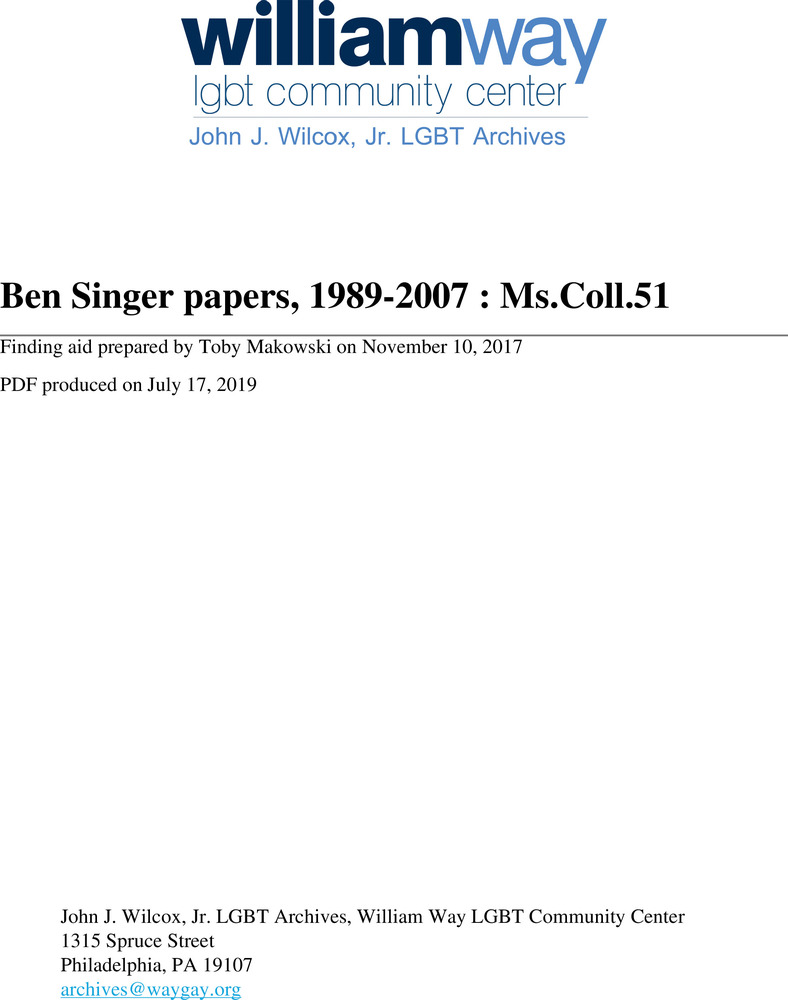 Download the full-sized PDF of Ben Singer papers, 1989-2007 : Ms.Coll.51