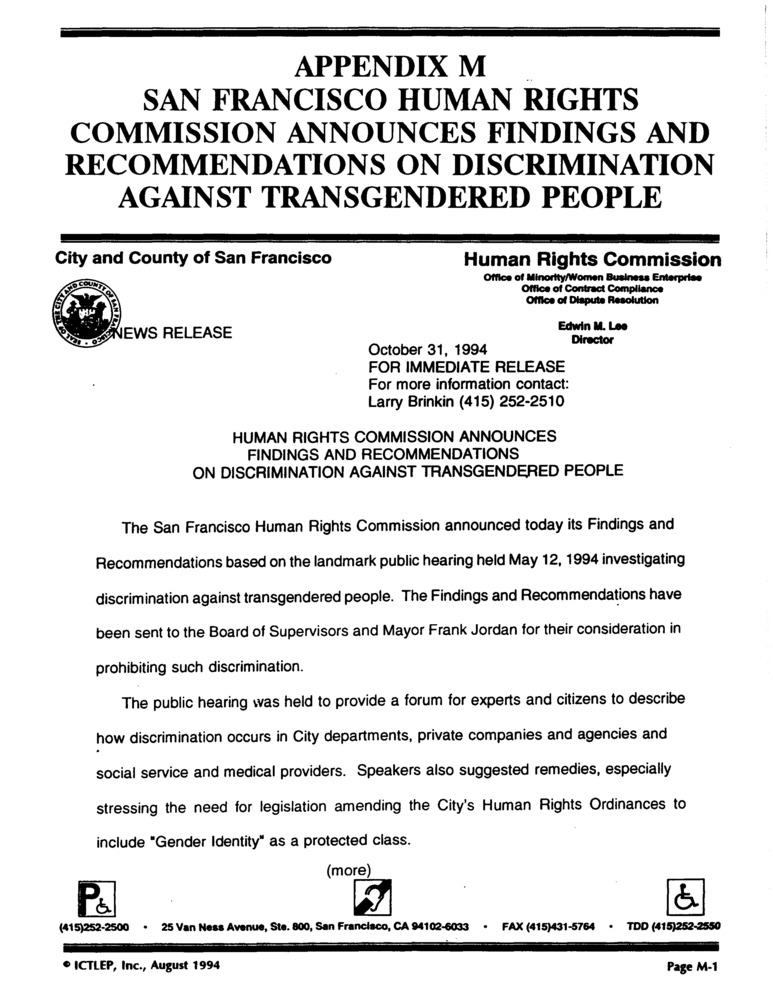 Download the full-sized PDF of Appendix M: San Francisco Human Rights Commission Announces Findings and Recommendations on Discrimination against Transgendered People