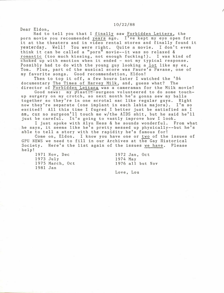 Download the full-sized PDF of Correspondence from Lou Sullivan to Eldon Murray (October 22, 1988)