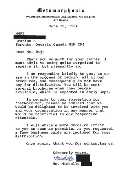 Download the full-sized image of Letter from Michelle to Rupert Raj (June 28, 1984)