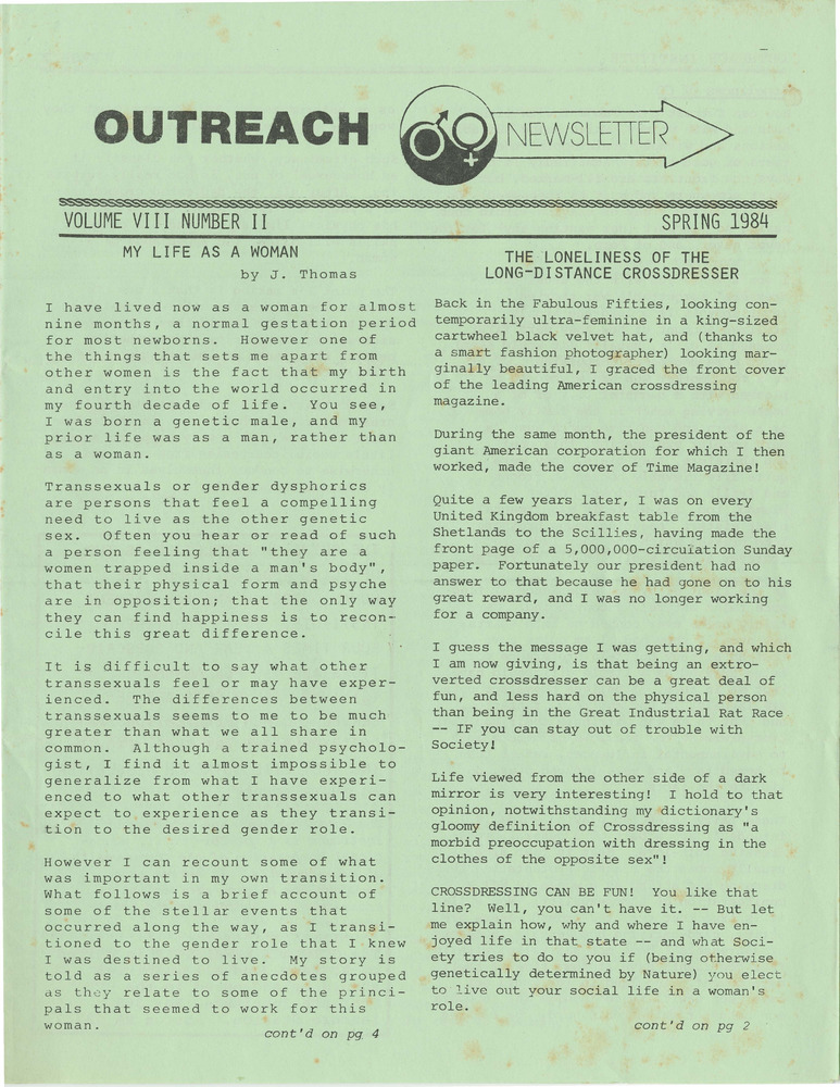 Download the full-sized PDF of The Outreach Newsletter Vol. 8 No. 2 (Spring 1984)