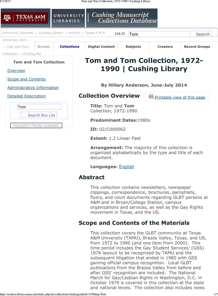 Download the full-sized PDF of Tom and Tom Collection, 1972-1990
