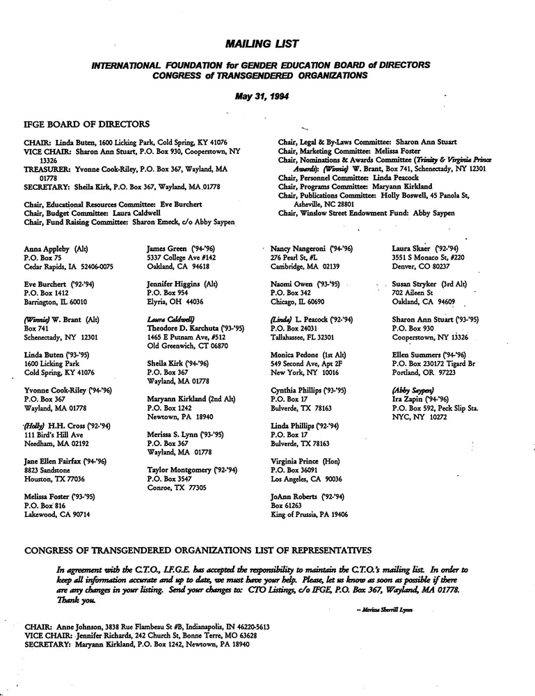 Download the full-sized PDF of International Foundation for Gender Education Board of Directors and Congress of Transgendered Organizations Mailing List (1994)