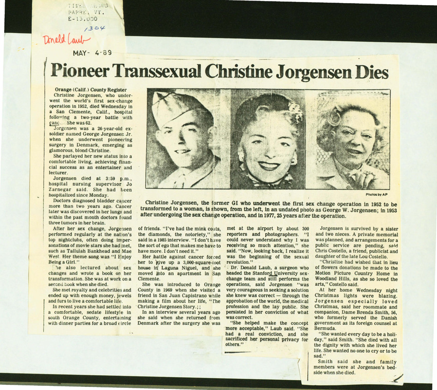 Download the full-sized PDF of Pioneer Transsexual Christine Jorgensen Dies