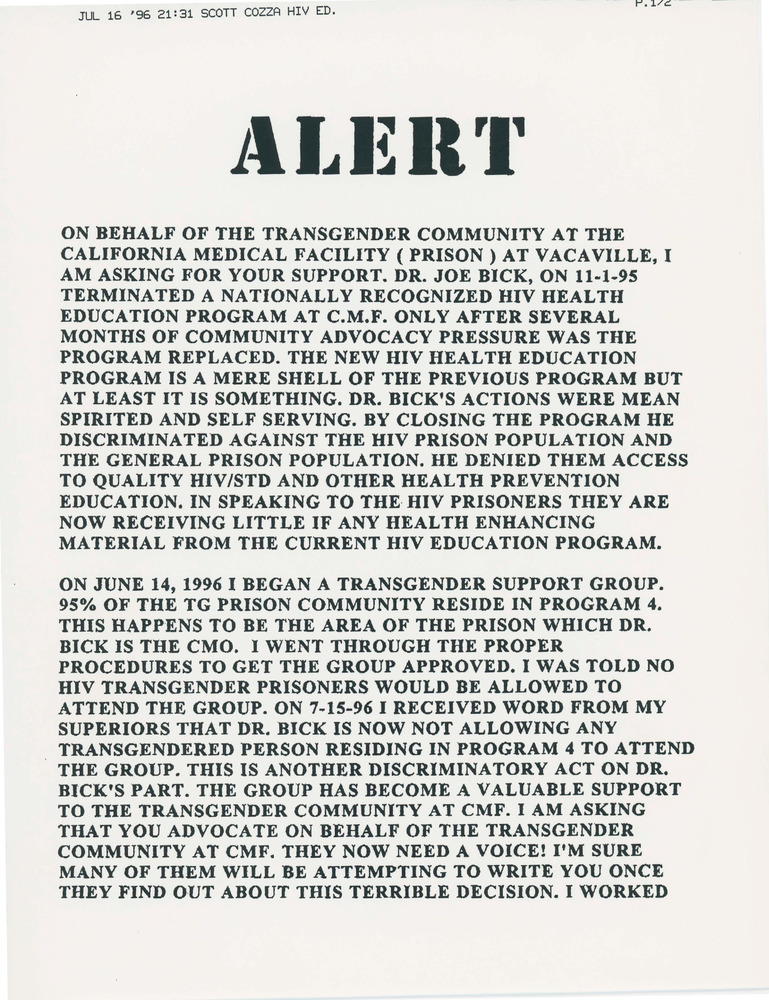 Download the full-sized PDF of Alert on Conditions for Transgender Inmates in California Medical Facility