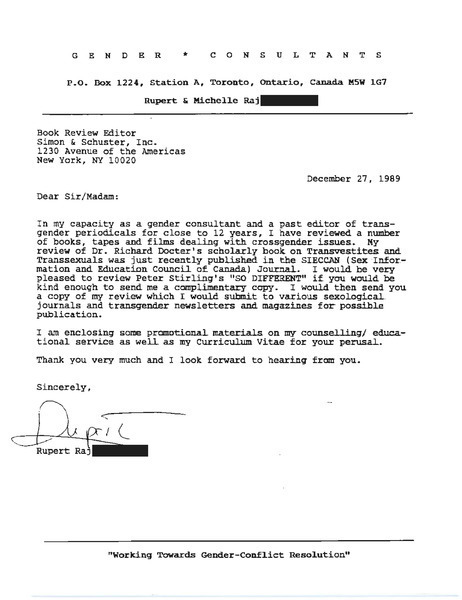 Download the full-sized image of Letter from Rupert Raj to Simon & Schuster Book Review Editor (December 27, 1989)