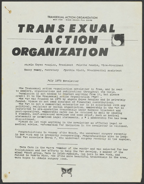 Download the full-sized image of Transexual Action Organization Newsletter (July 1973)