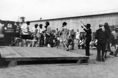 Download the full-sized image of Musicians and male performer in female dress, San Quentin Little Olympics Field Meet, 1930