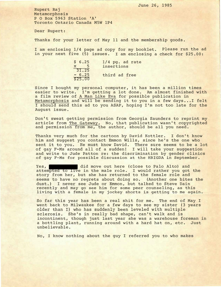 Download the full-sized PDF of Correspondence from Lou Sullivan to Rupert Raj (June 26, 1985)