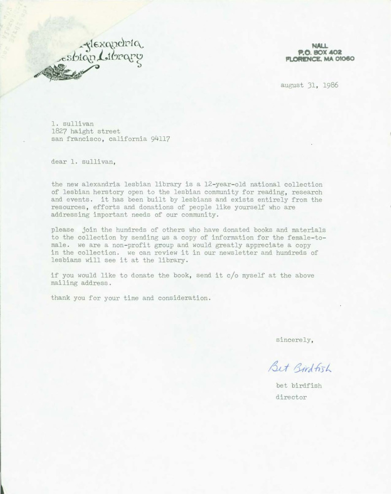 Download the full-sized PDF of Letter from Bet Power to Lou Sullivan (August 31, 1986)