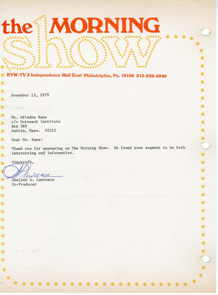 Download the full-sized PDF of Letter from Shelley A. Lawrence to Ariadne Kane, November 13, 1979