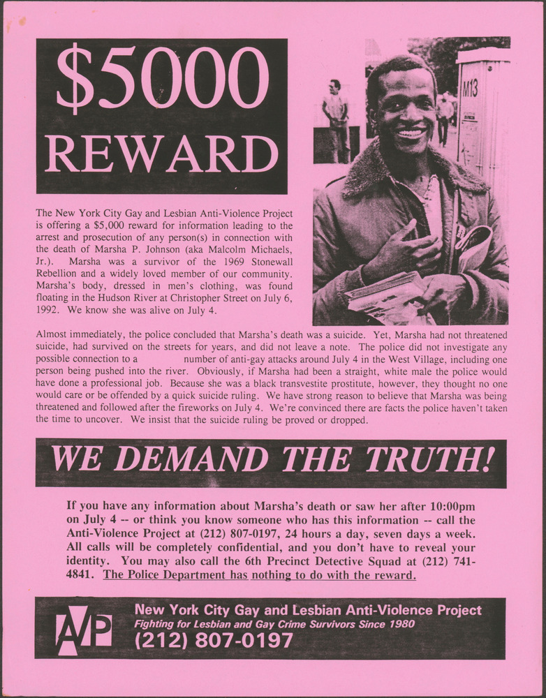 Download the full-sized PDF of A Leaflet Inquiring for Information on Marsha P. Johnson's Death