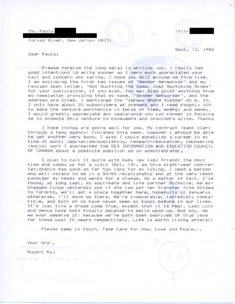 Download the full-sized image of Letter from Rupert Raj to Paula (September 12, 1988)