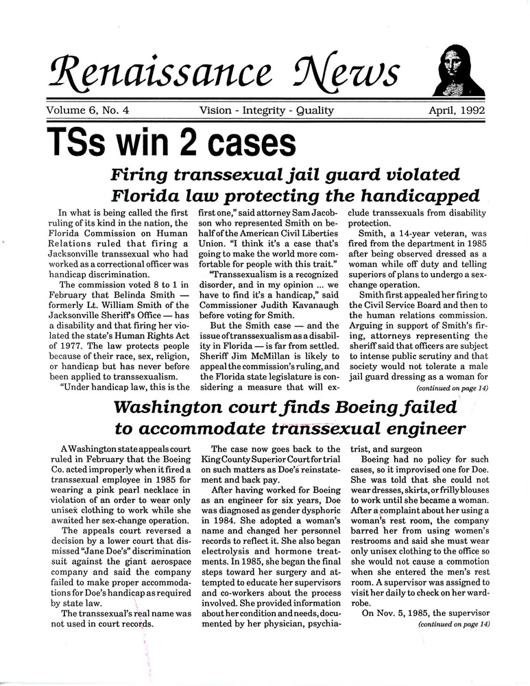 Download the full-sized PDF of Renaissance News, Vol. 6 No. 4 (April 1992)