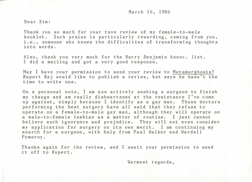 Download the full-sized PDF of Correspondence from Lou Sullivan to Kim Stuart (March 16, 1986)
