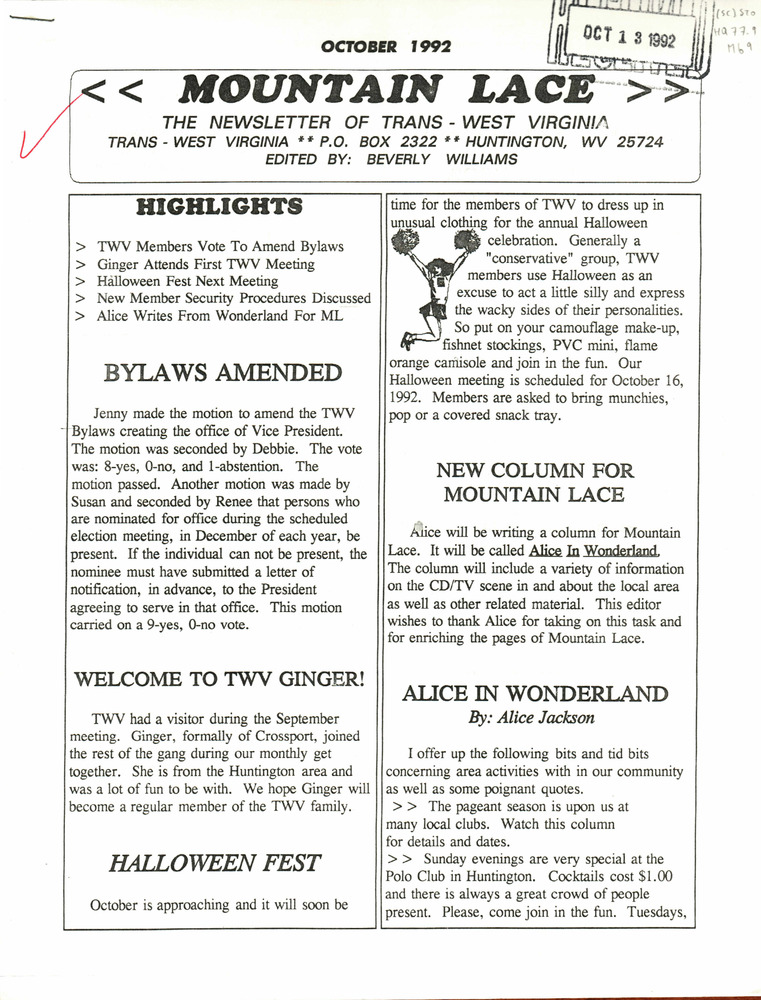 Download the full-sized PDF of Mountain Lace: The Newsletter of Trans - West Virginia (October, 1992)