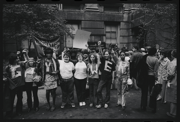 Download the full-sized image of A Photograph of the Gay Liberation Front Demonstrating at New York City Hall Holding Up Their Fists