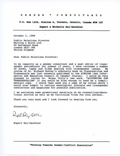 Download the full-sized image of Letter from Rupert Raj to a Public Relations Director (October 2, 1989)