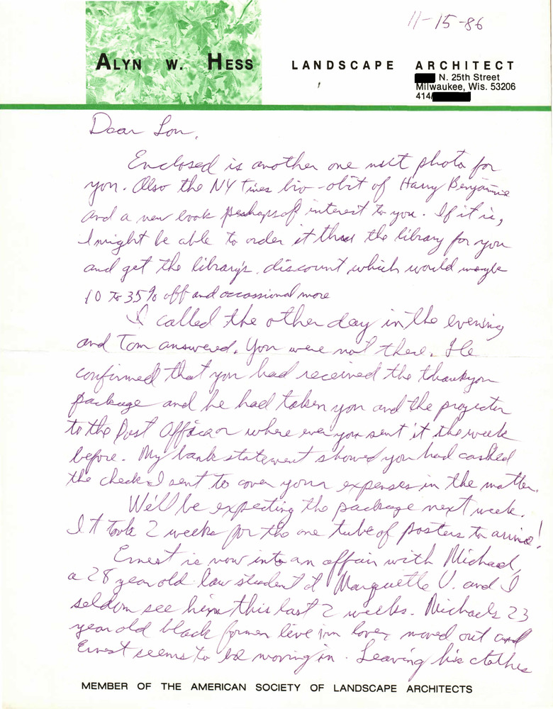 Download the full-sized PDF of Correspondence from Alyn Hess to Lou Sullivan (November 15, 1986)