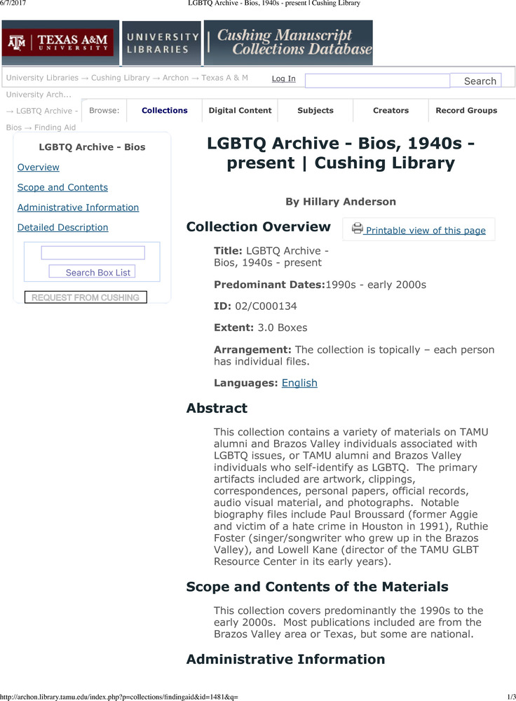 Download the full-sized PDF of LGBTQ Archive - Bios, 1940s - present