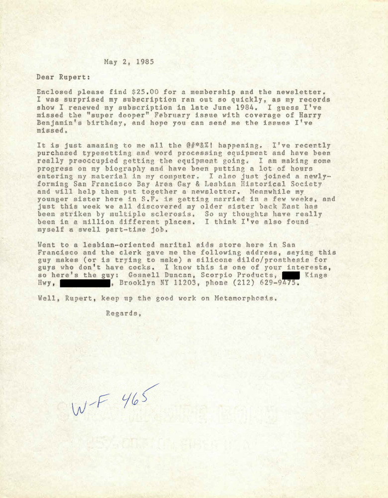 Download the full-sized PDF of Correspondence from Lou Sullivan to Rupert Raj (May 2, 1985)