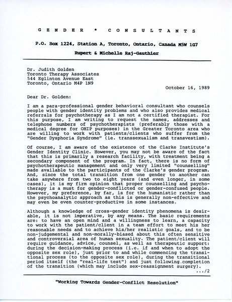Download the full-sized image of Letter from Rupert Raj to Dr. Judith Golden (October 16, 1989)