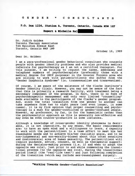 Download the full-sized image of Letter from Rupert Raj to Dr. Judith Golden (October 16, 1989)