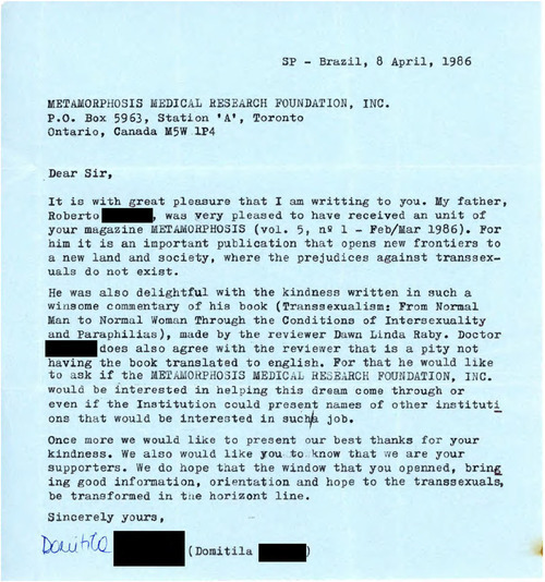 Download the full-sized image of Letter from Domitila [redacted] to Rupert Raj (April 8, 1986)