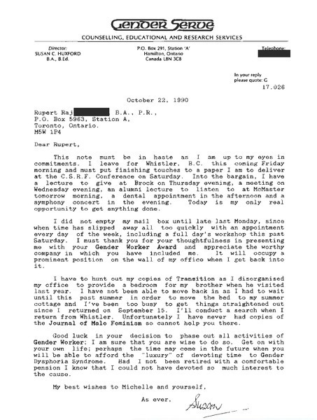Download the full-sized image of Letter from Susan C. Huxford to Rupert Raj (October 22, 1990)
