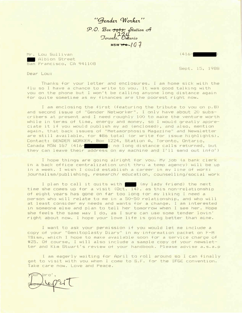 Download the full-sized PDF of Correspondence from Rupert Raj to Lou Sullivan (September 15, 1988)