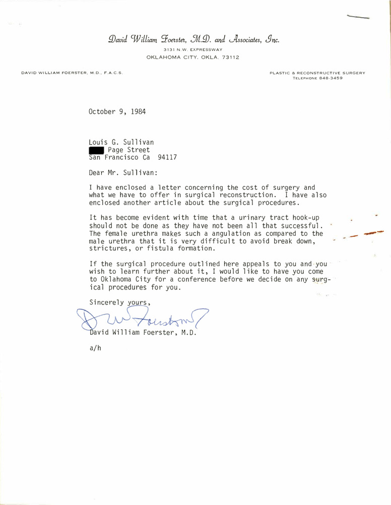 Download the full-sized PDF of Correspondence from David Foerster to Lou Sullivan (October 9, 1984)