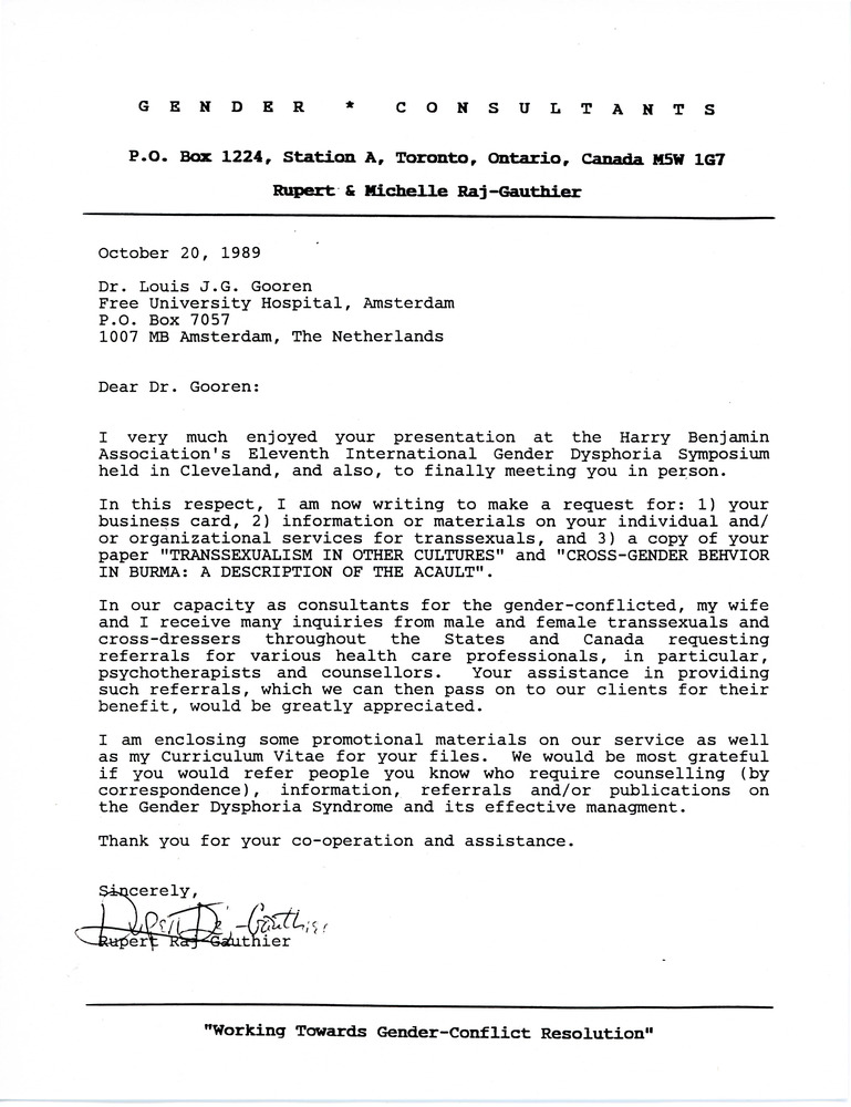 Download the full-sized PDF of Letter from Rupert Raj to Dr. Louis J.G. Goren (October 20, 1989)