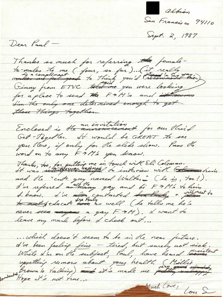 Download the full-sized PDF of Correspondence from Lou Sullivan to Paul Walker (September 2, 1987)