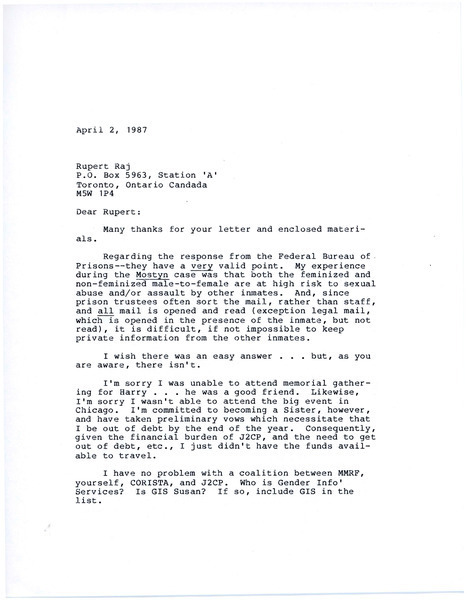 Download the full-sized image of Letter from Joanna M. Clark (April 2, 1987)