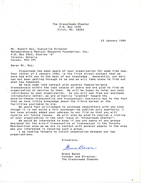 Download the full-sized image of Letter from Grace Bacon to Rupert Raj (January 23, 1984)