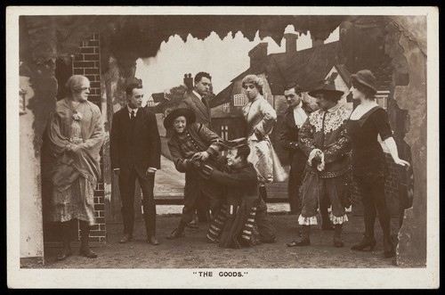 Download the full-sized image of Soldiers, some in drag, performing in the concert party "The Goods". Photographic postcard, 191-.