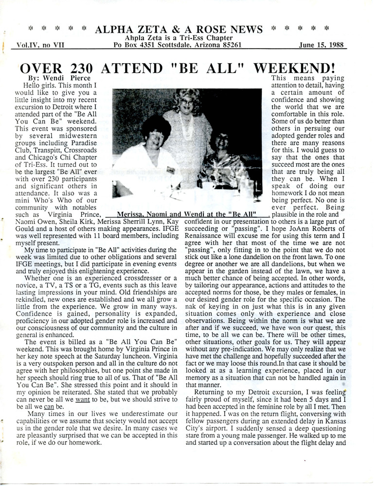 Download the full-sized PDF of Alpha Zeta & A Rose News Vol. 4 No. 7 (June 15, 1988)